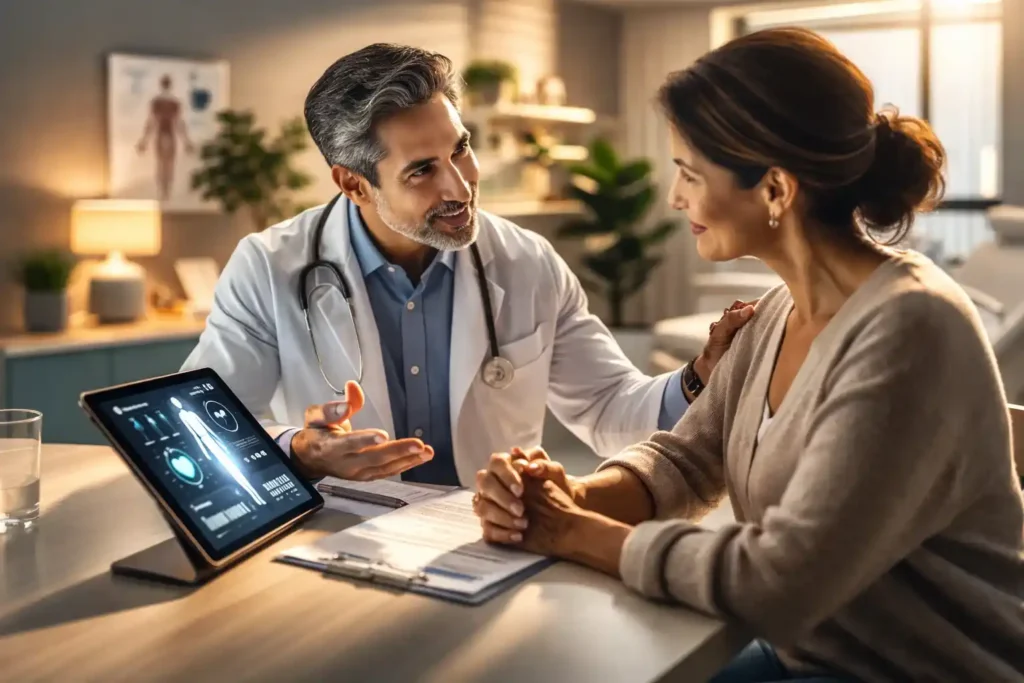 doctor using AI health analysis while consulting patient